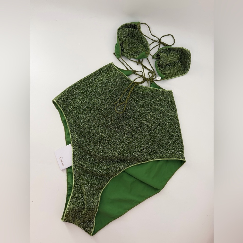 Oseree Lumiere Kini Maillot Cut Out One Piece Glittery Retro Swimsuit In Green - Picture 2 of 6